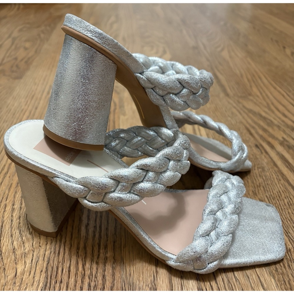 Dolce Vita Paily Heeled Sandals Sz 7.5 Silver Braided 2 Strap 3" Heels Snip Toe